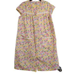 Pink K Womens Vintage Pink Fruit Housecoat Moo Moo Size Medium Pearl Snap